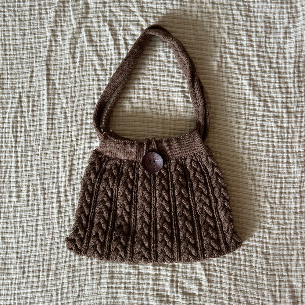 Cable knit button closure brown tote bag